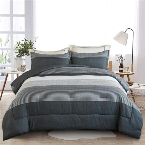 Dark Grey Comforter Set Queen Reversible Dark Grey Stripe Down Alternative
